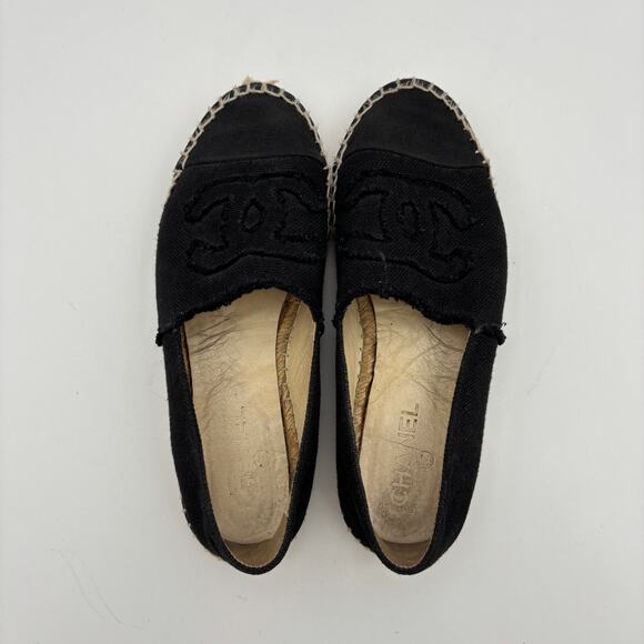 Chanel CC Logo Canvas Black Cap Toe Espadrilles Slip Ons Women's 40 - Picture 6 of 14